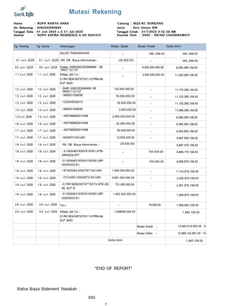 Mutasi Rekening Giro Umum IDR | PDF