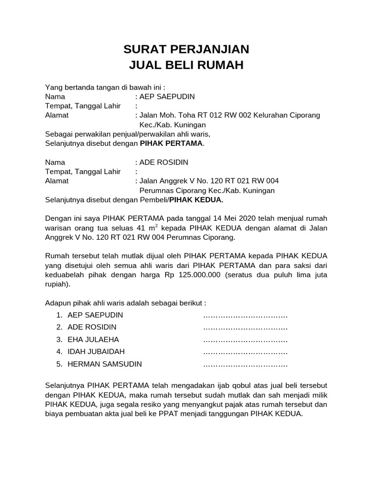 Surat Perjanjian Jual Beli Rumah | PDF
