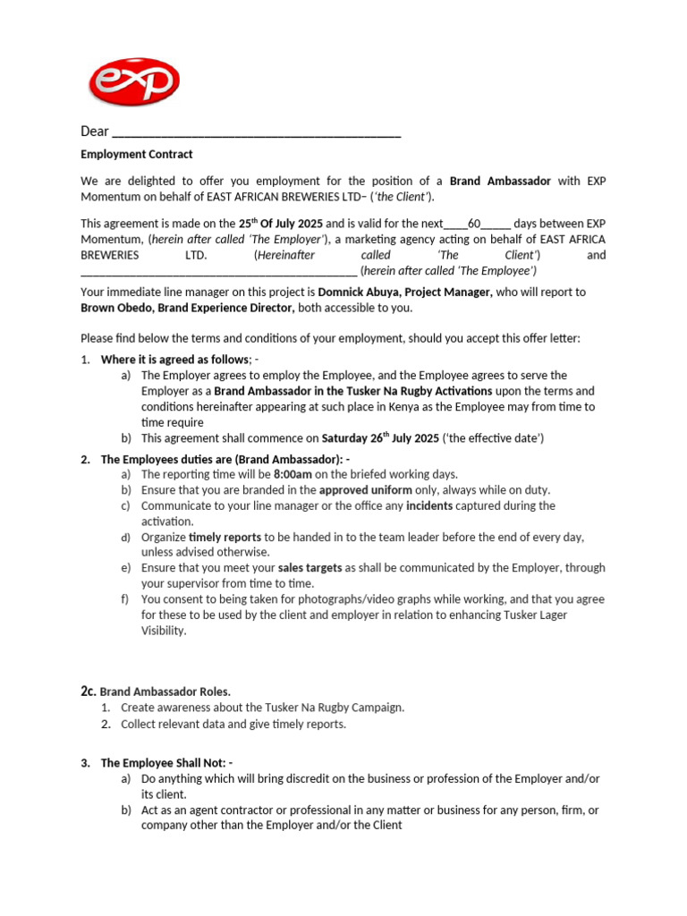 Tusker Na Rugby Ba Contract | PDF | Employment | Business