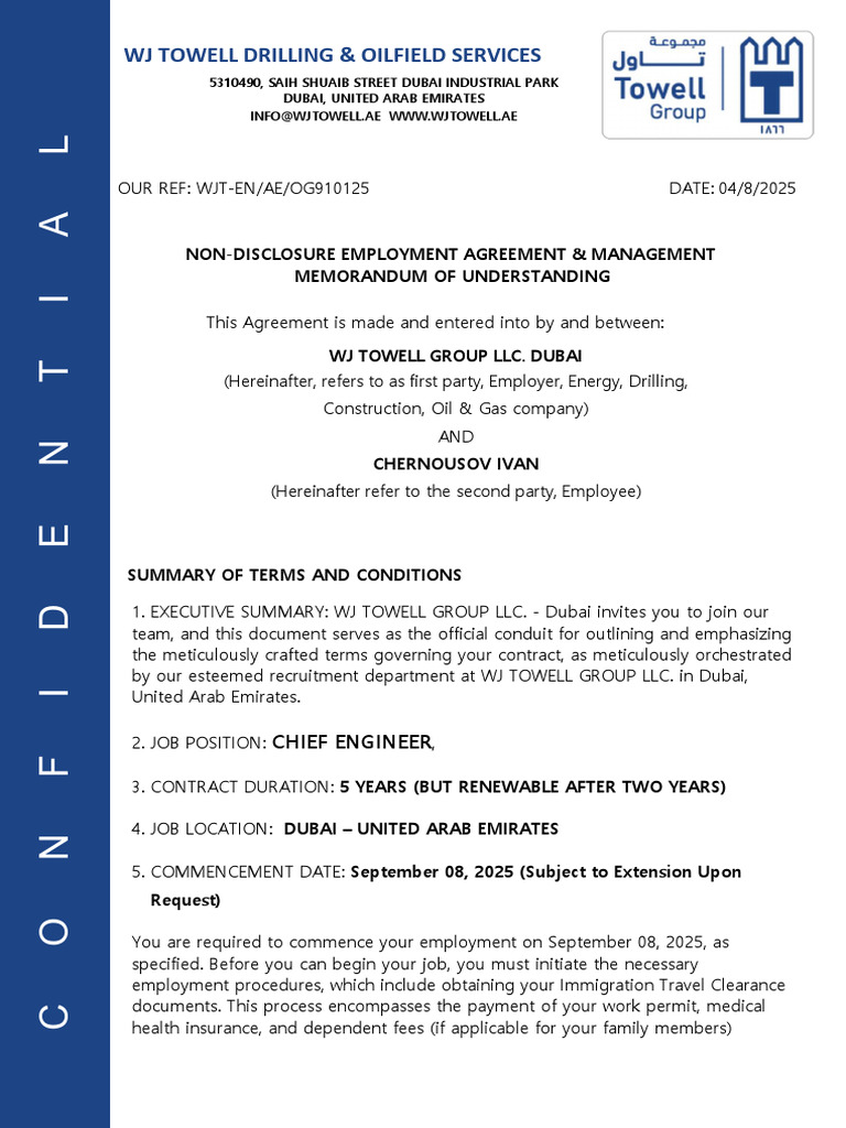 WJ Towell Employment Agreement Overview | PDF | United Arab Emirates ...