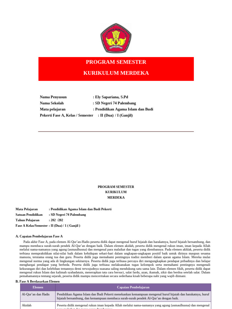 Program Semester PAI Kelas II SD 74 Palembang | PDF