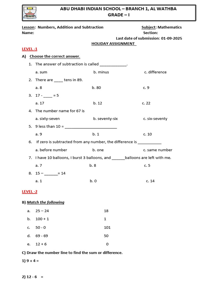 Grade 1 Math: Addition & Subtraction Quiz | PDF | Subtraction | Chess