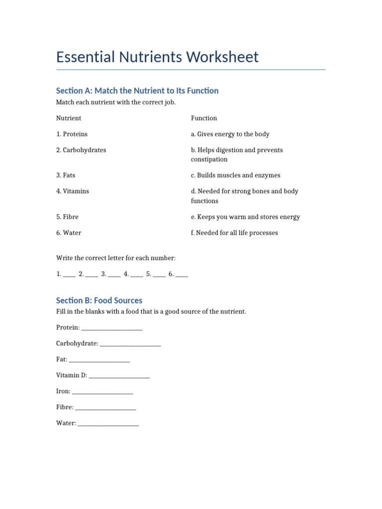 Essential Nutrients and Balanced Diet Worksheet | PDF | Nutrients | Foods