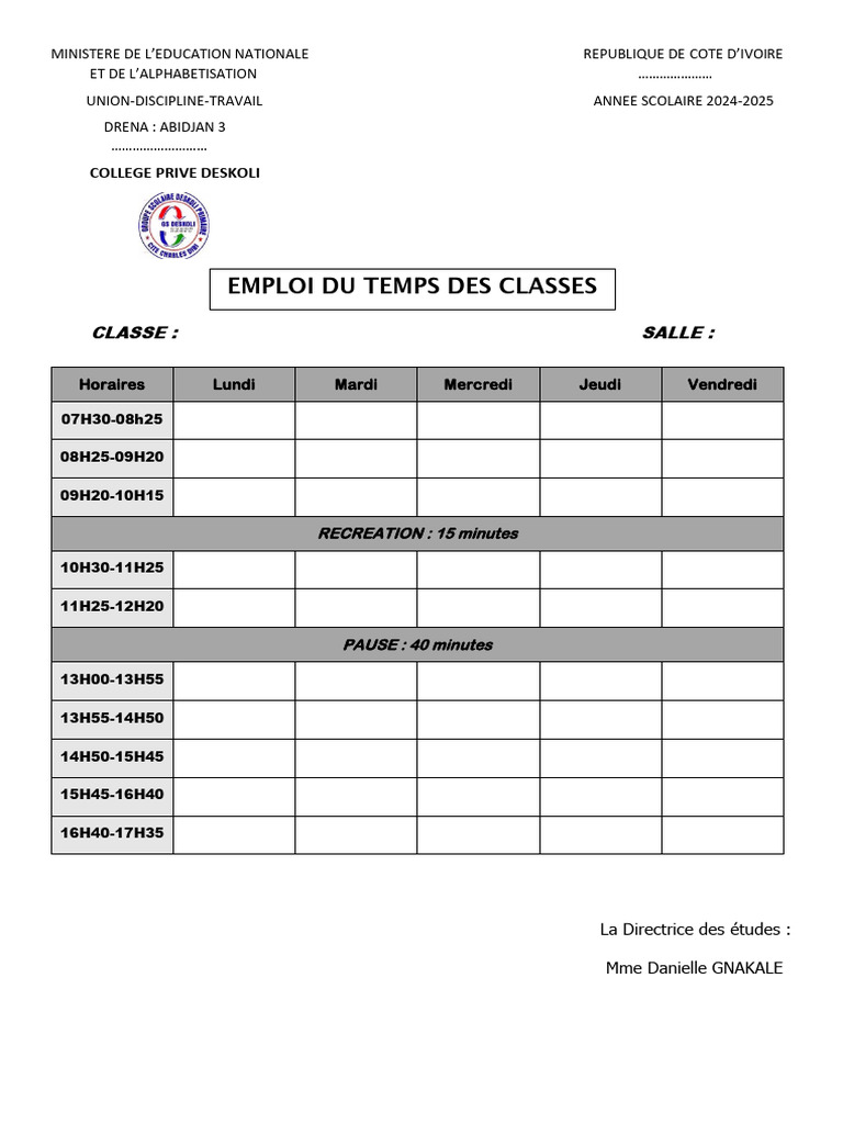 Emploi du temps collège 2024-2025 | PDF