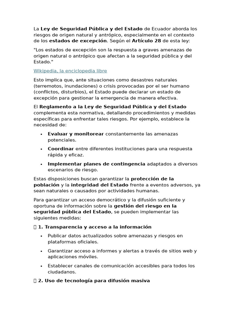 La Ley de Seguridad Pública y Del Estado de Ecuador Aborda Los Riesgos ...