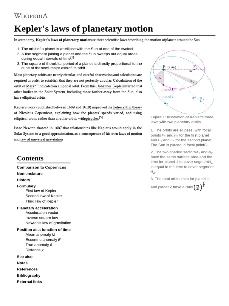 Kepler's Laws of Planetary Motion - Wiki | PDF | Orbit | Physical Sciences