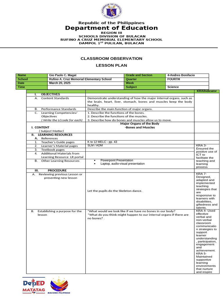 Grade 4 Science Lesson Plan: Organs | PDF | Learning | Teachers