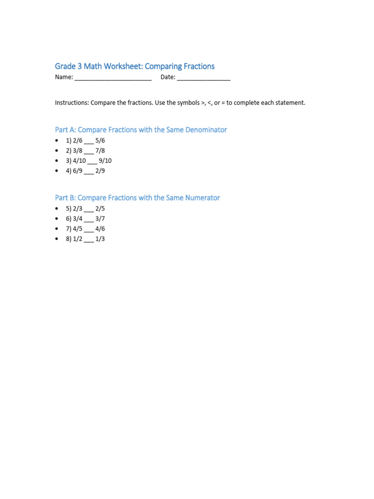 Grade 3 Math Worksheet Comparing Fractions | PDF