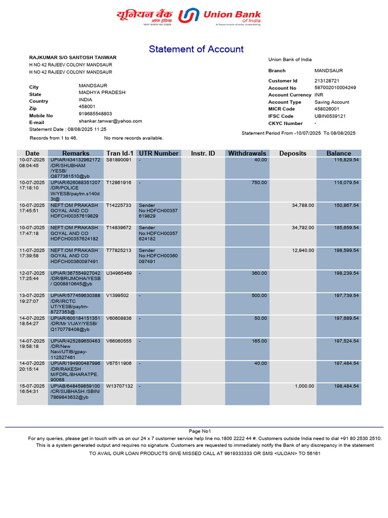Union Bank Account Statement 2025 | PDF