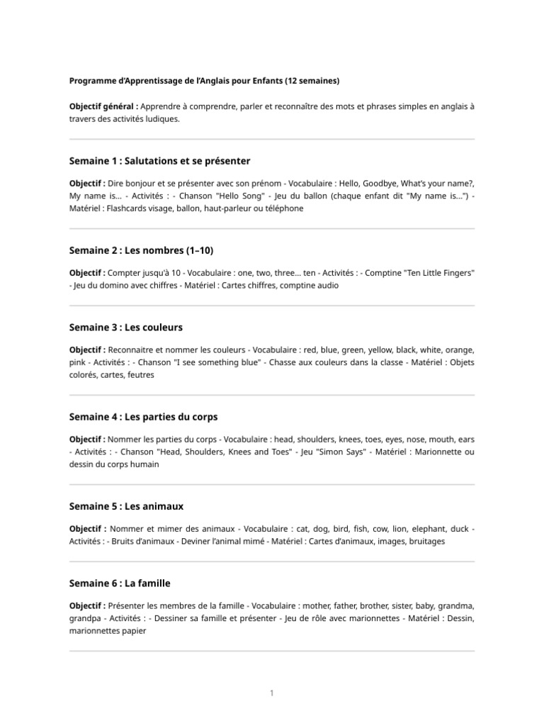 Programme d'Anglais pour Maternelle | PDF