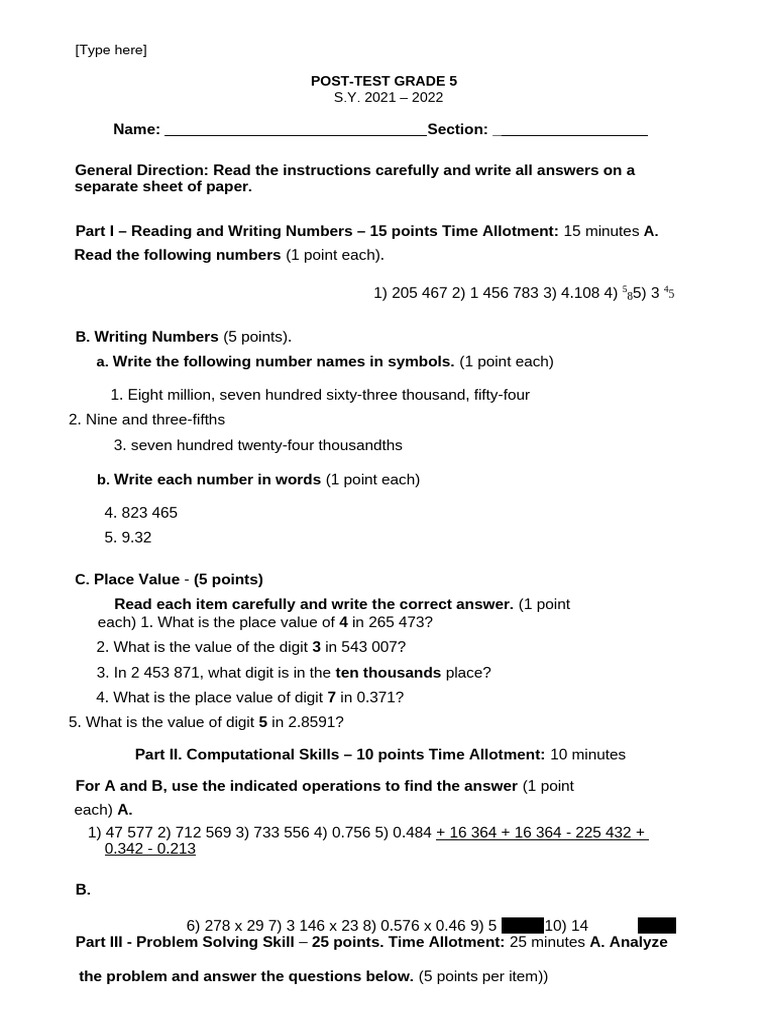 Grade 5 Math Post-Test 2021-2022 | PDF
