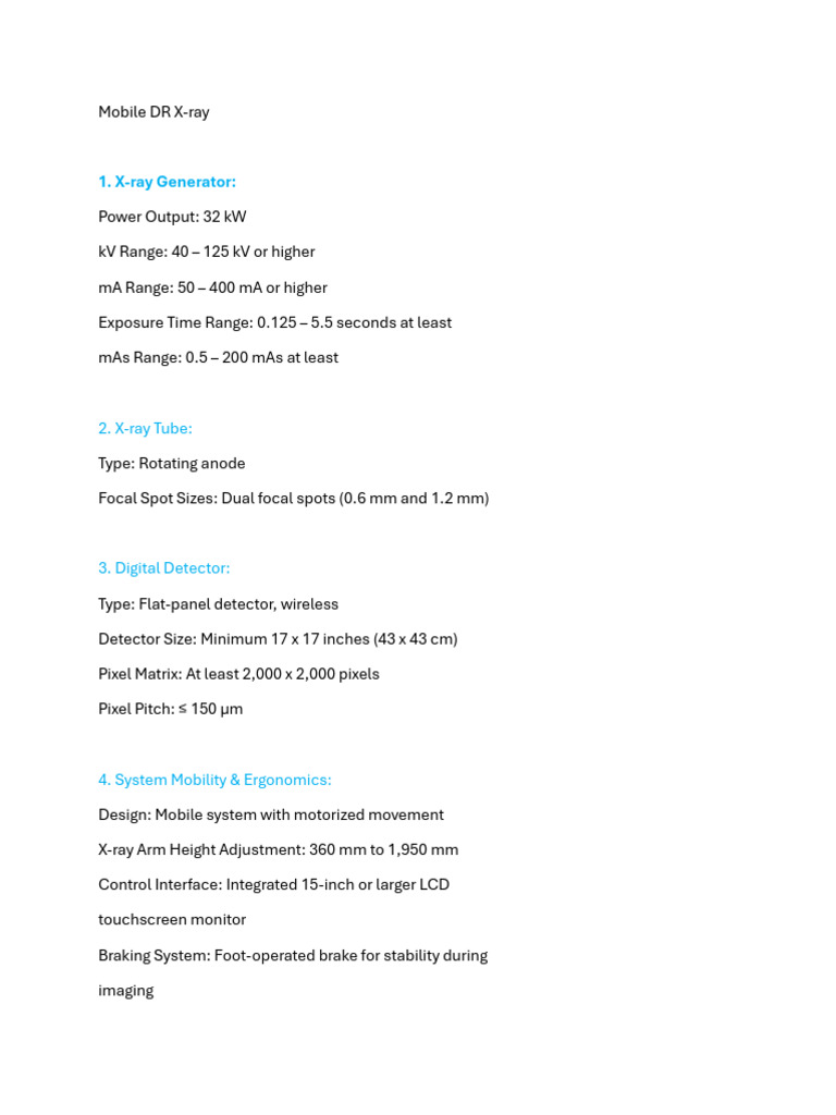 Mobile Digital X-Ray System Specifications | PDF | X Ray | Electricity
