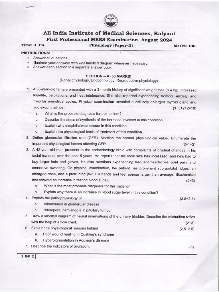 1st MBBS AIIMS PROF Physiology Paper 1&2 2024 | PDF