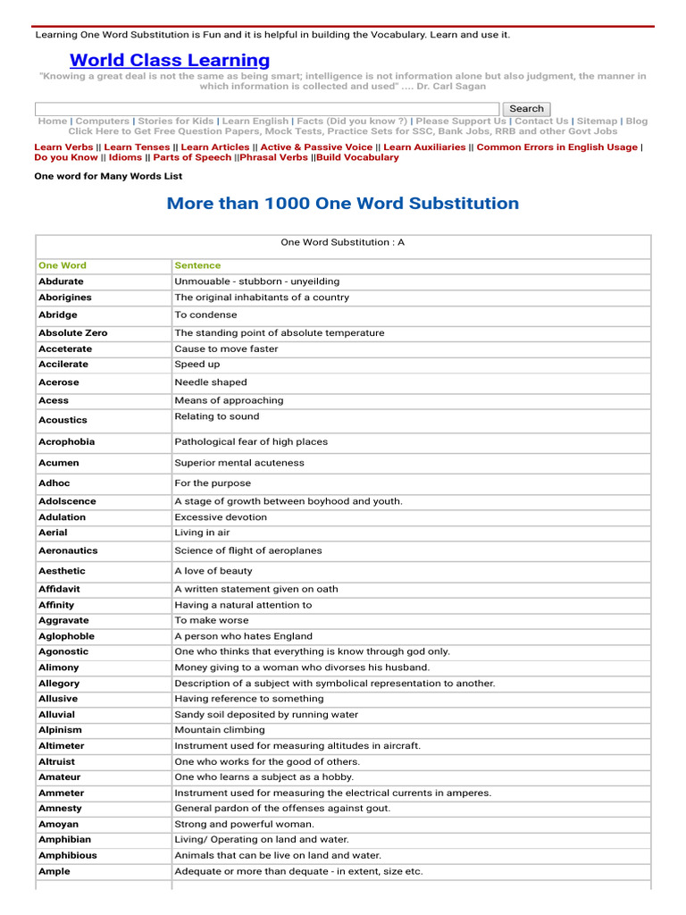 One Word Substitutions for Vocabulary | PDF | English Language | Verb