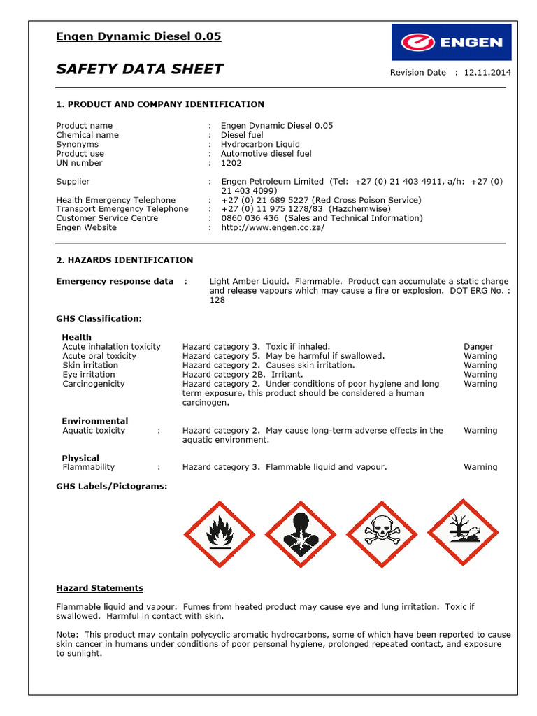 Engen Dynamic Diesel Safety Data Sheet | PDF | Toxicity | Hazards