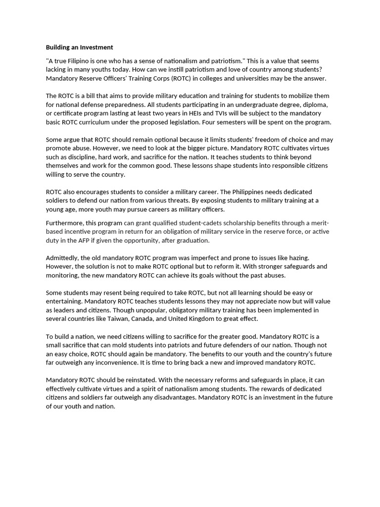 Building An Investment (ROTC) | PDF