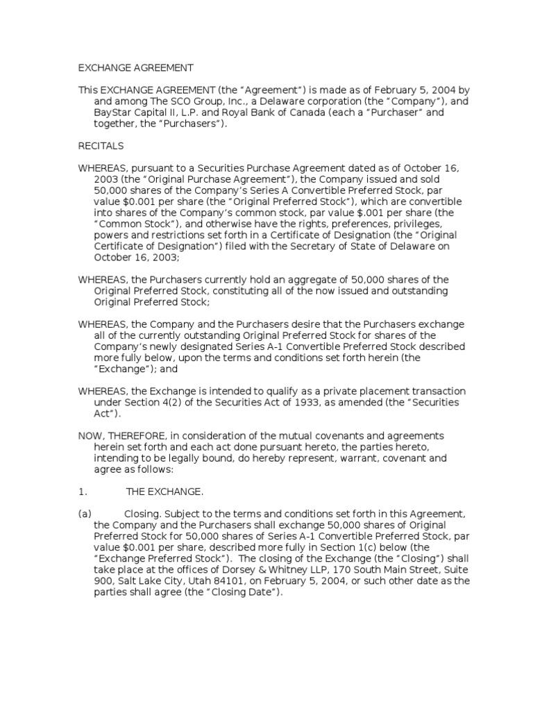 SCO Group Inc. Exchange Agreement | PDF | Stocks | Securities (Finance)