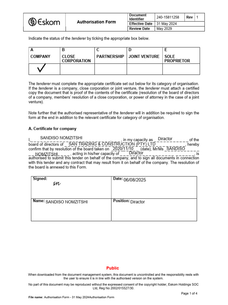 Authorisation Form for Tender Submission | PDF | Joint Venture ...
