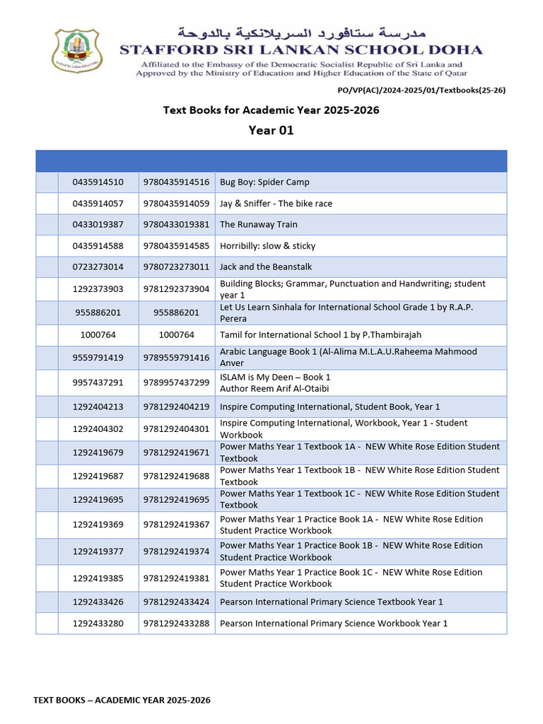 2025-2026 Textbook List for Year 1-4 | PDF | Textbook | Books