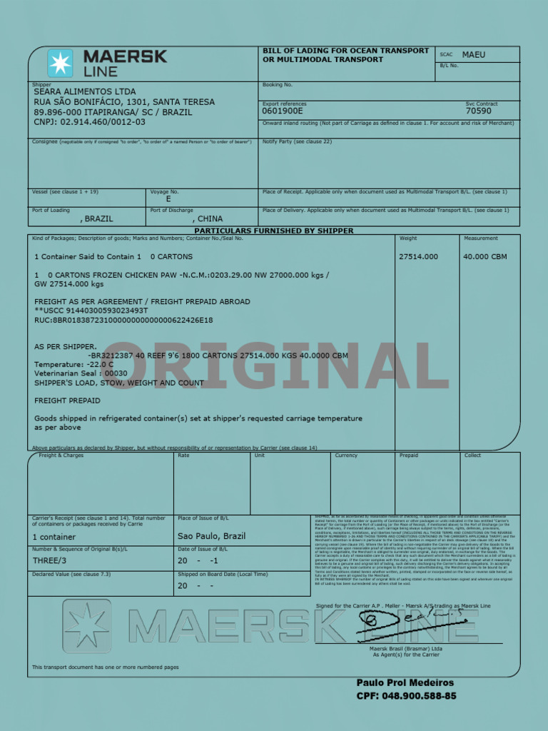 Ocean Transport Bill of Lading Template | PDF | Bill Of Lading | Cargo