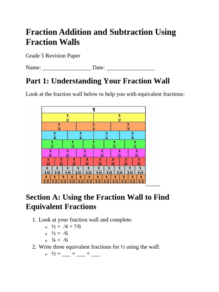 Fraction Walls for Addition and Subtraction | PDF