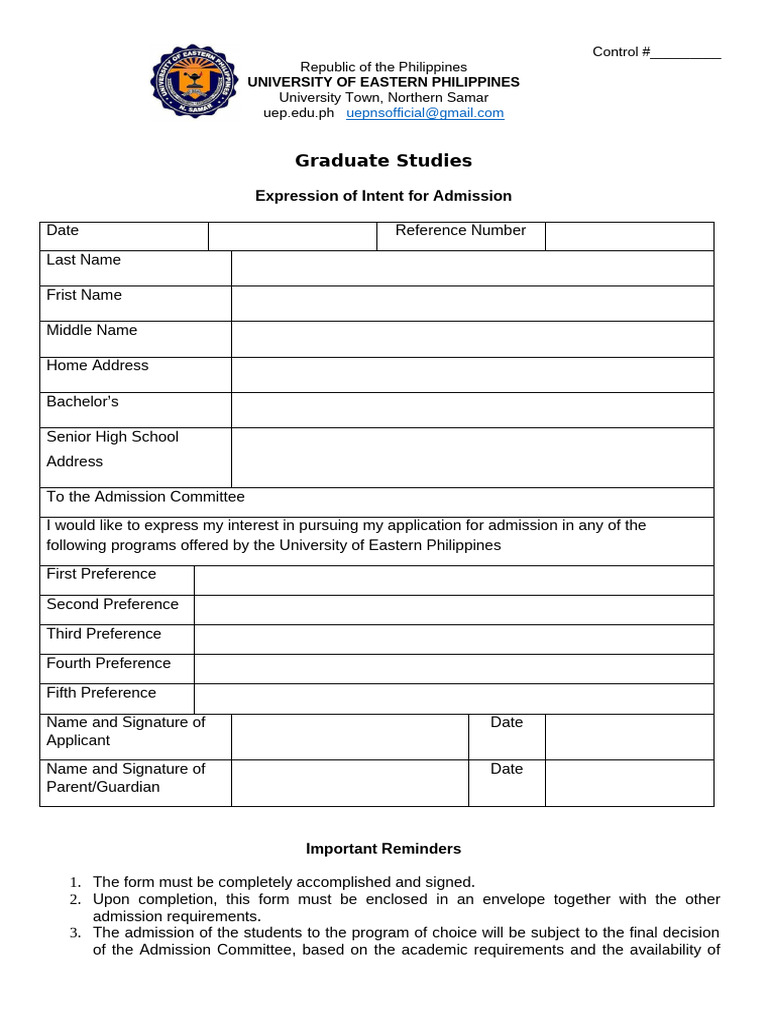 UEP Graduate Admission Intent Form | PDF