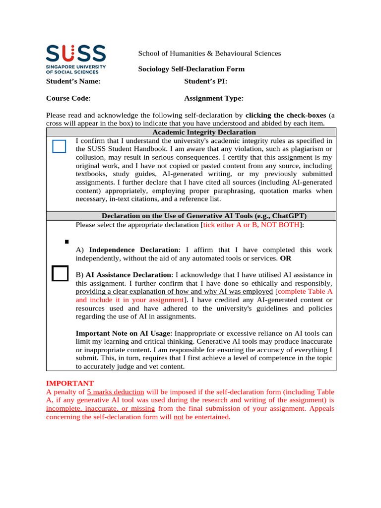 Sociology Self-Declaration Form | PDF | Academic Integrity | Learning