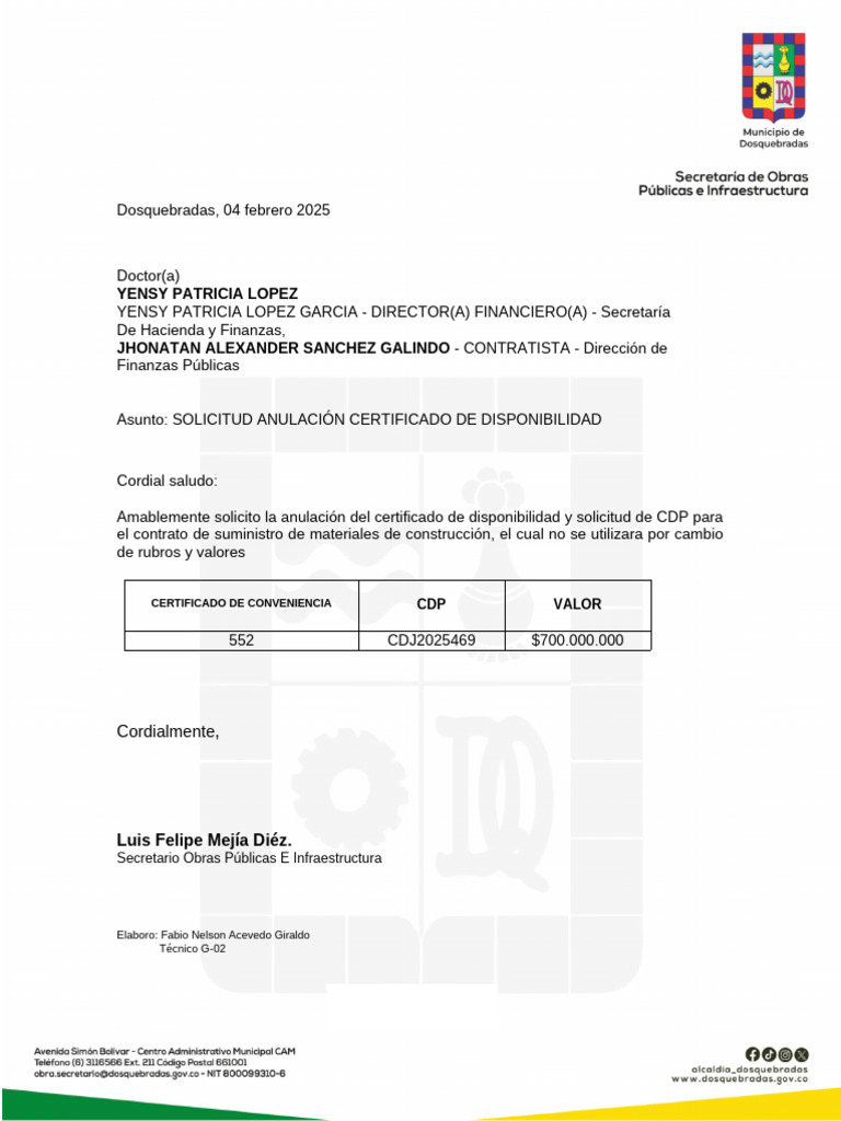 Solicitud Anulación Certificado CDP | PDF