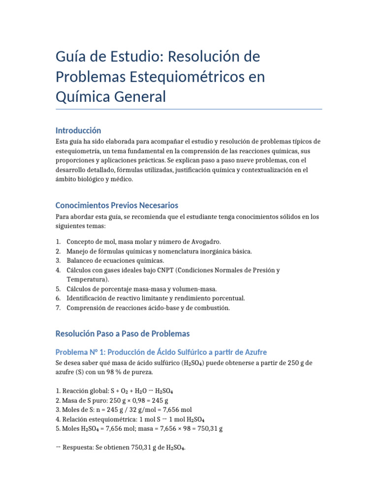 Guía de Estequiometría en Química General | PDF | Mole (Unidad ...