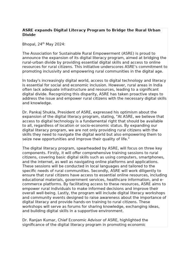 ASRE Expands Digital Literacy Program To Bridge The Rural-Urban Divide ...