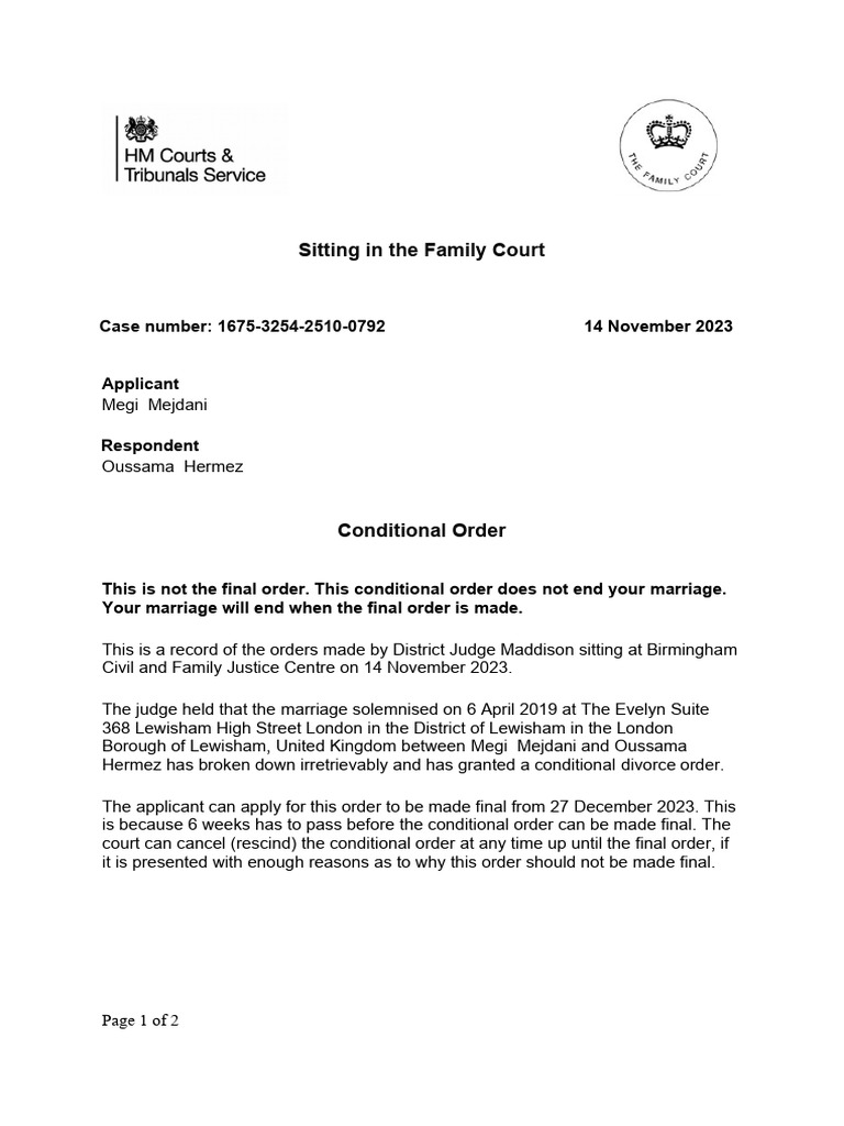 Conditional Divorce Order Overview | PDF | Divorce | Marriage