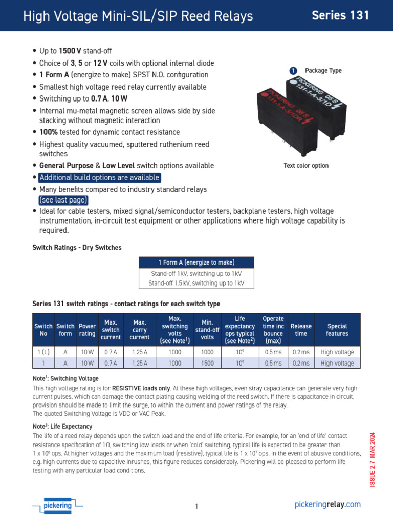 High Voltage Mini-SIL Reed Relays | PDF | Relay | Switch