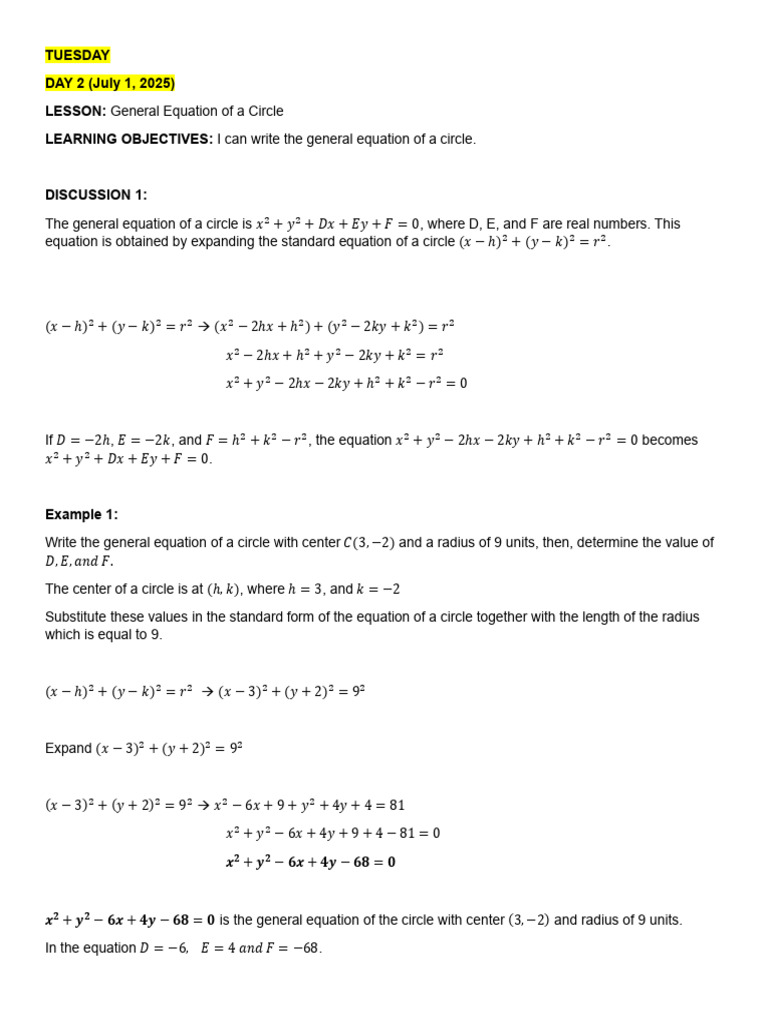 General Equation of a Circle | PDF | Circle | Equations