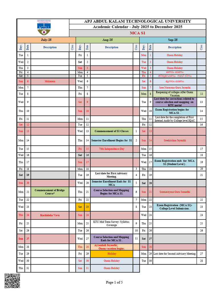 KTU Academic Calendar and Holidays 2025 | PDF | Academic Term ...