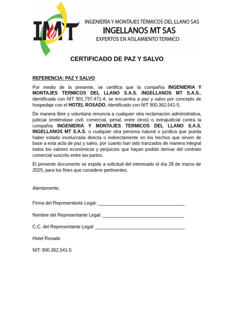 Certificado de Paz y Salvo Hotel Rosado | PDF