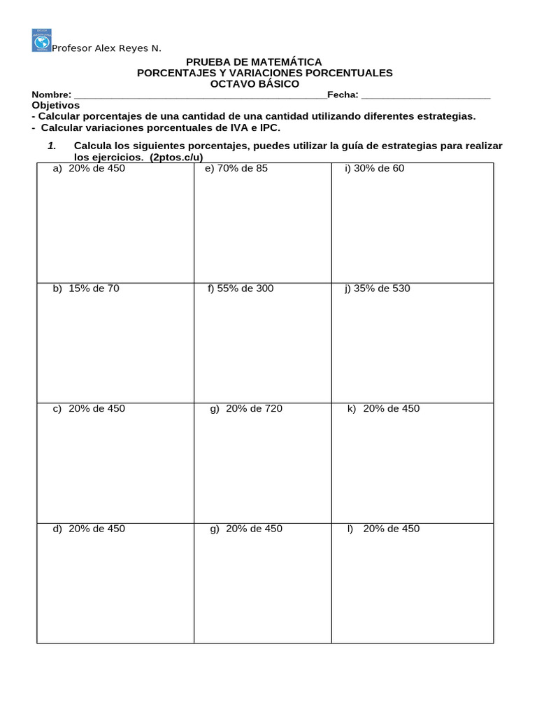Ejercicios de Porcentajes para Octavo Básico | PDF | Porcentaje