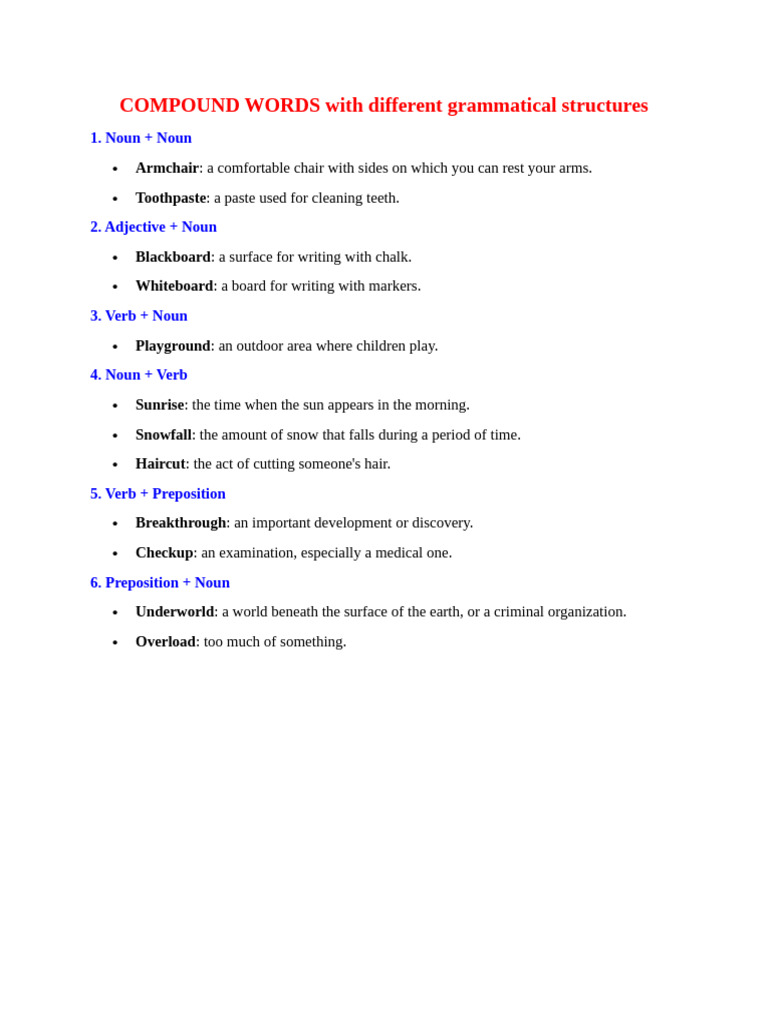 COMPOUND WORDS With Different Grammatical Structures | PDF