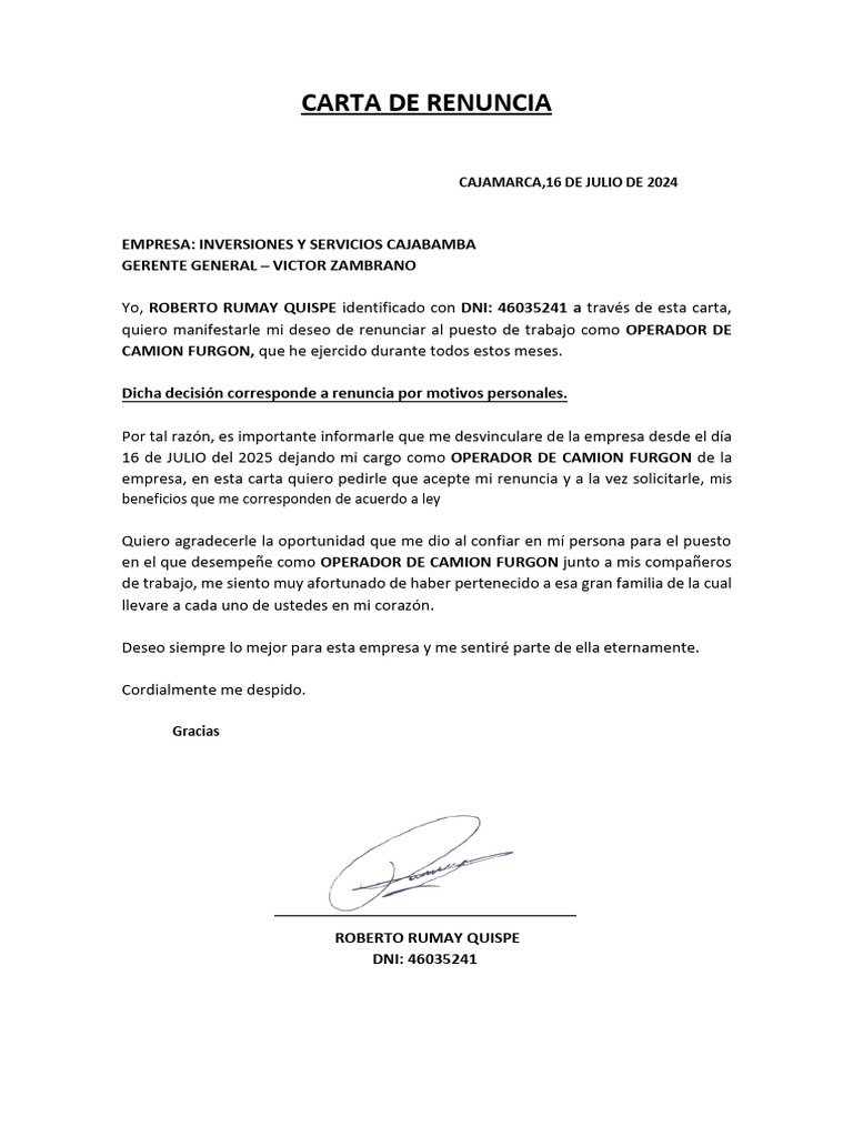 Renuncia de Roberto Rumay Quispe | PDF
