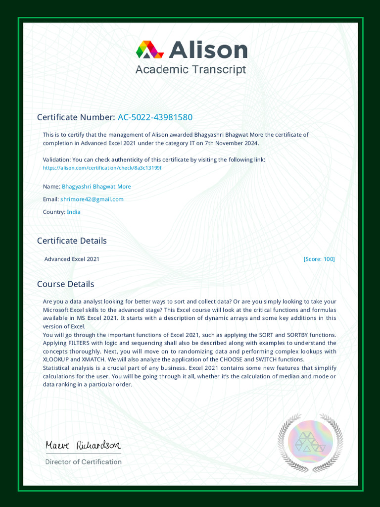 Alison Transcript 5022 43981580 | PDF
