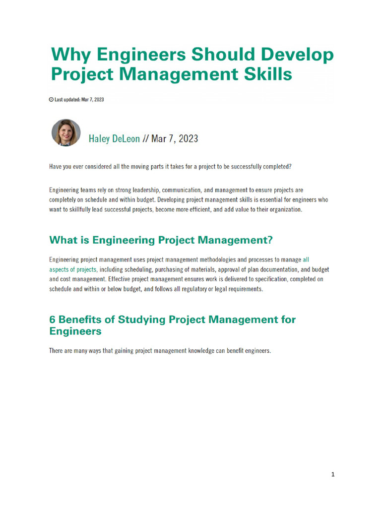 Why Engineers Should Develop Project Management Skills (DeLeon, 2023) | PDF