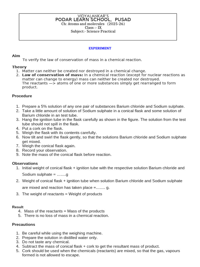 Conservation of Mass Experiment Class IX | PDF