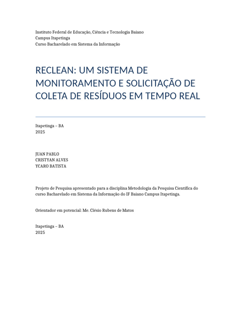 ReClean: Sistema de Coleta de Resíduos | PDF | Desperdício | Resíduos ...