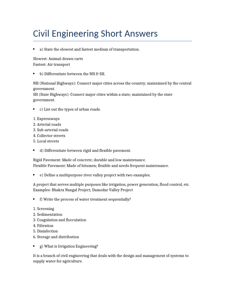 Civil Engineering Short Answers | PDF