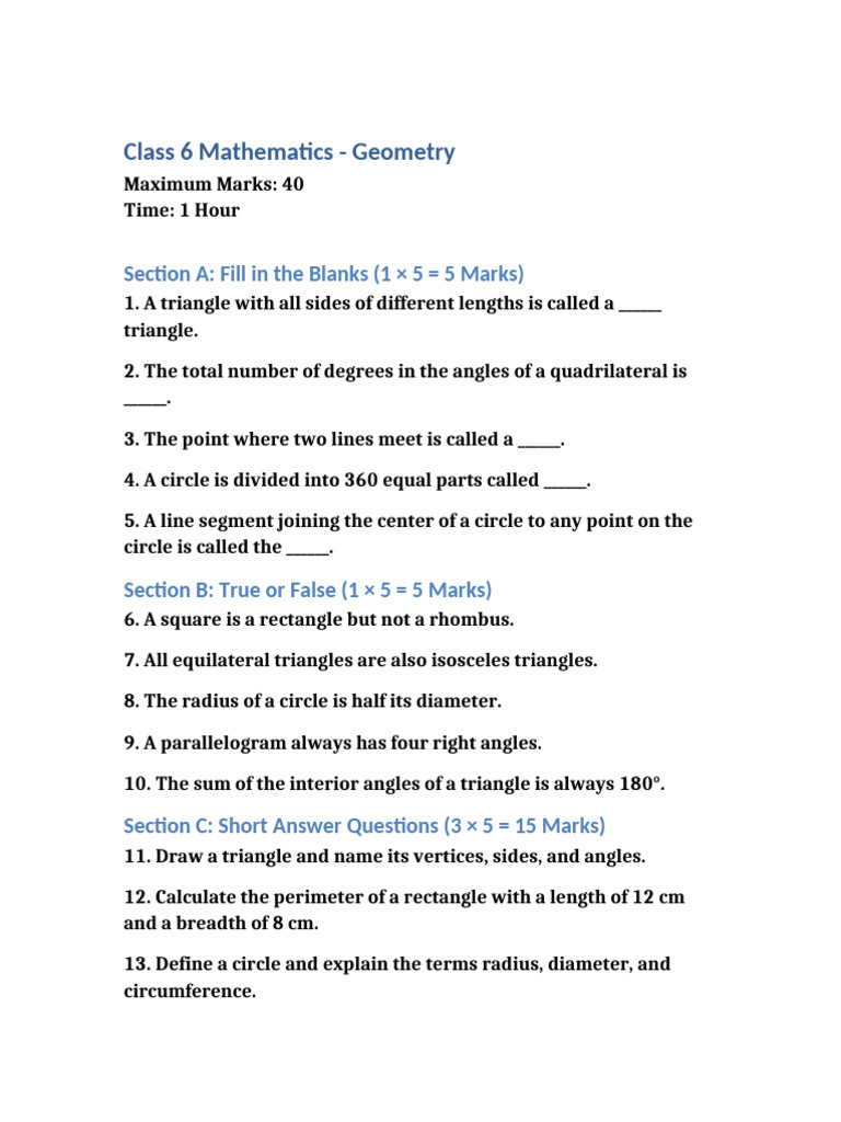 Class 6 Geometry Exam Questions | PDF