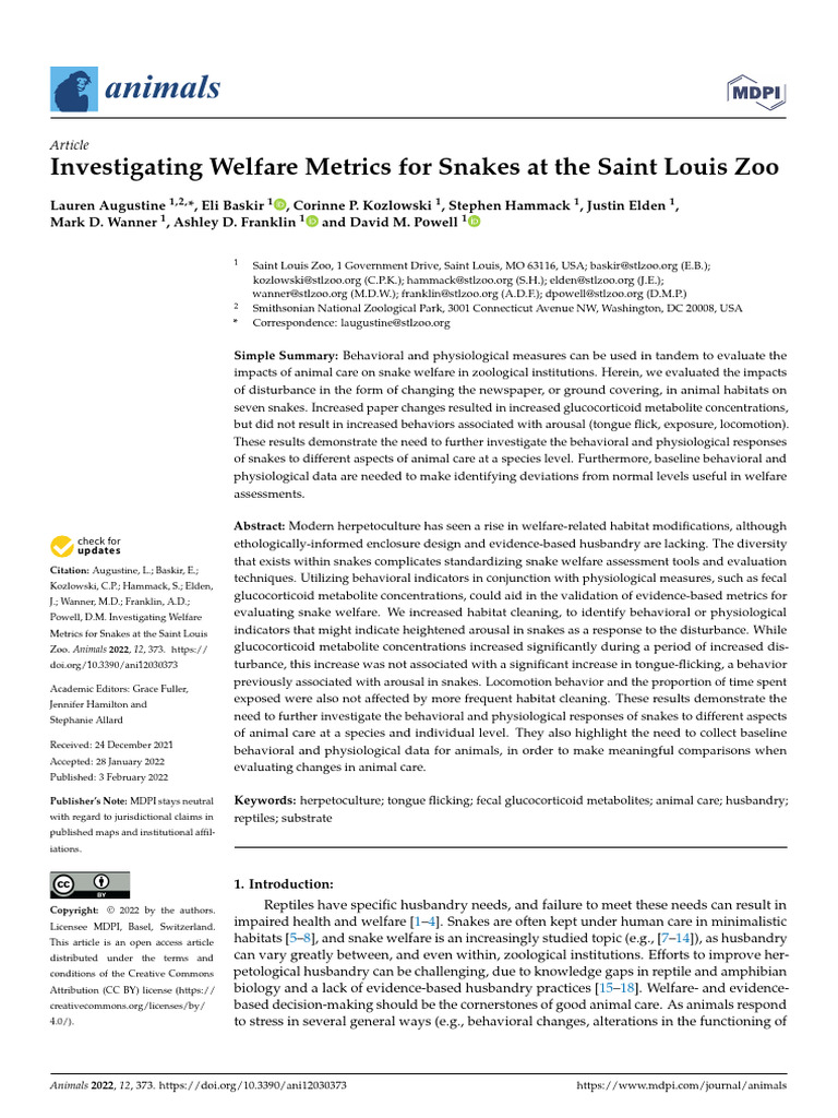 Snake Welfare Metrics at Saint Louis Zoo | PDF | Stress (Biology) | Elisa