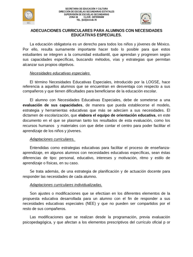 Adecuaciones Curriculares para NEE | PDF | Plan de estudios | Evaluación