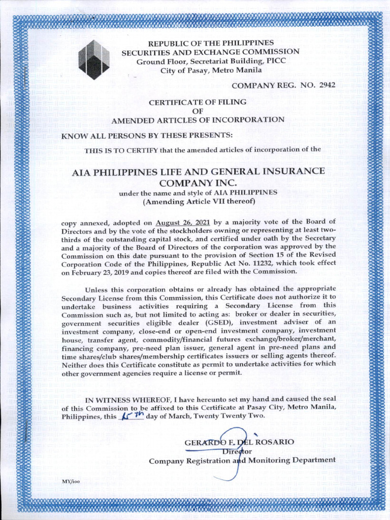 Aia PH Amended Articles of Incorporation As of March 15 2022 | PDF