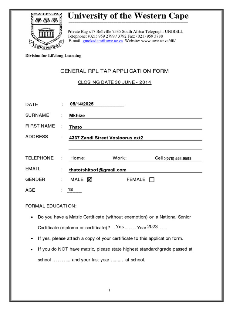 UWC RPL Application Form 2014 | PDF | Computer Science | Computing