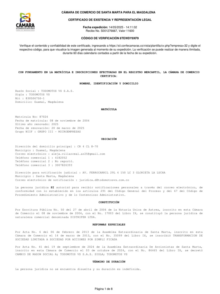 Certificado Camara de Comercio TODOMOTOS | PDF | Business | Economias