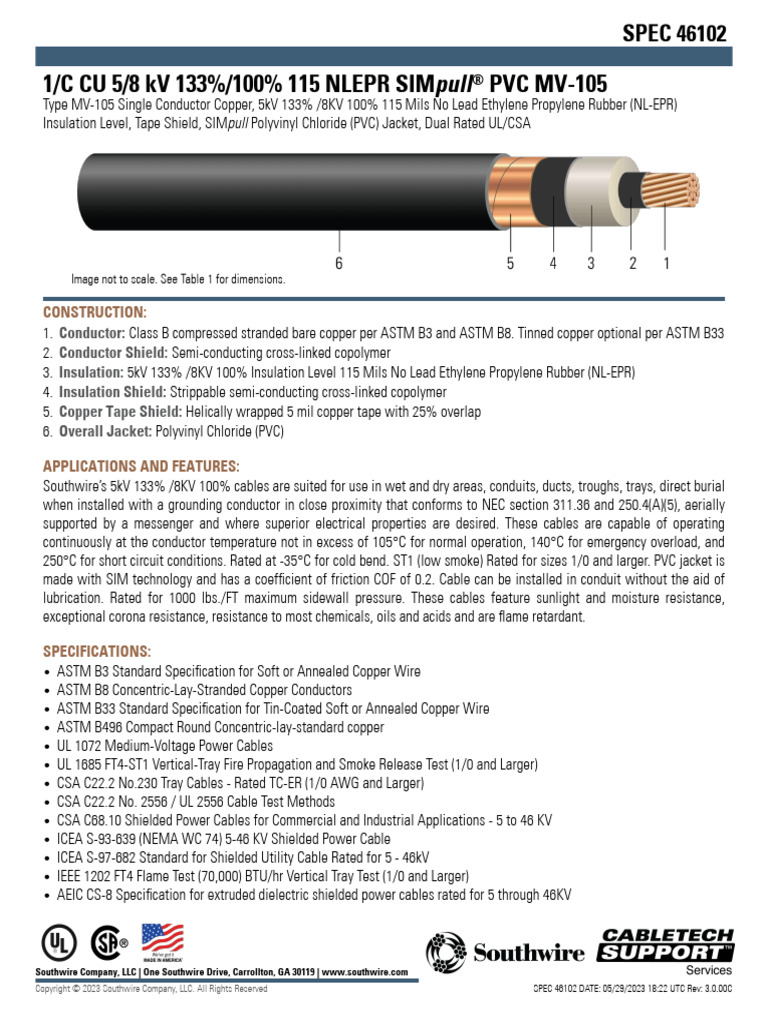 5kV MV-105 Copper Power Cable Specs | PDF | Insulator (Electricity ...